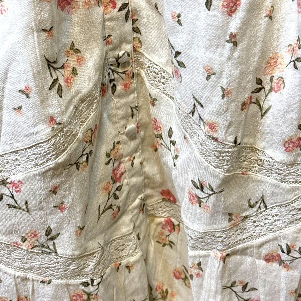 Floral Babydoll Maxi Dress Button Front Lace Ruffle Cottagecore Lined Stretch Ba - Picture 6 of 10